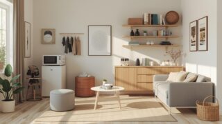 一人暮らし用の部屋、家具・家電・生活用品が整然と並んだシンプルな空間、写真風、ミニマルでおしゃれ、落ち着いた色合い、親しみやすいデザイン