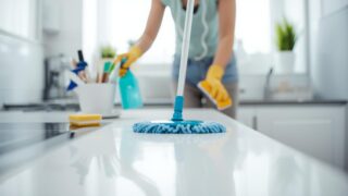 キッチンや浴室を掃除している女性の手元、掃除用具（モップ、スポンジ）、明るく清潔感のある写真風、整理整頓された空間、爽やかで清潔な雰囲気